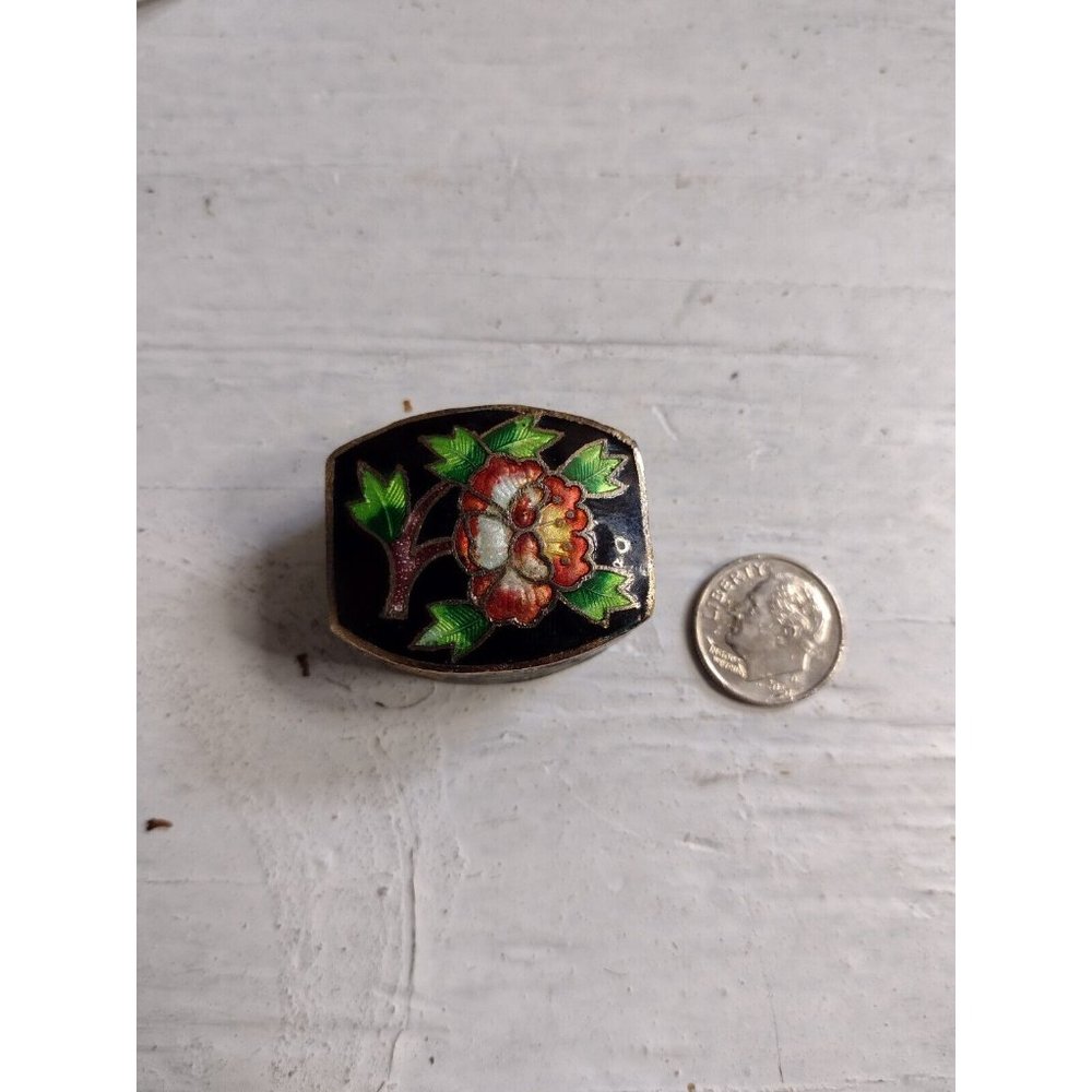 VTG Cloisonne Trinket Box Black/Gold with Floral Design Pill Box Enamel